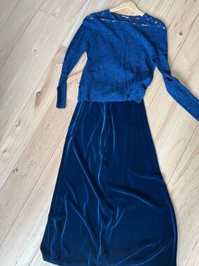 Laura Ashley Teal Velvet Skirt and Lace Dress Top